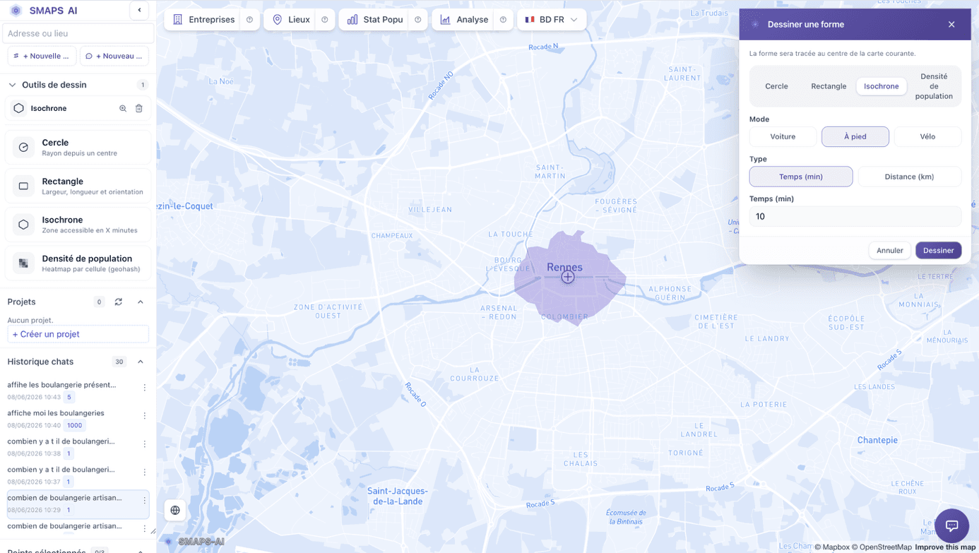 Isochrone piétonne tracée sur Rennes — méthode de référence pour la zone de chalandise